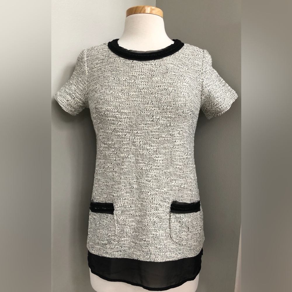 WHBM XS Black & White Tweed Top